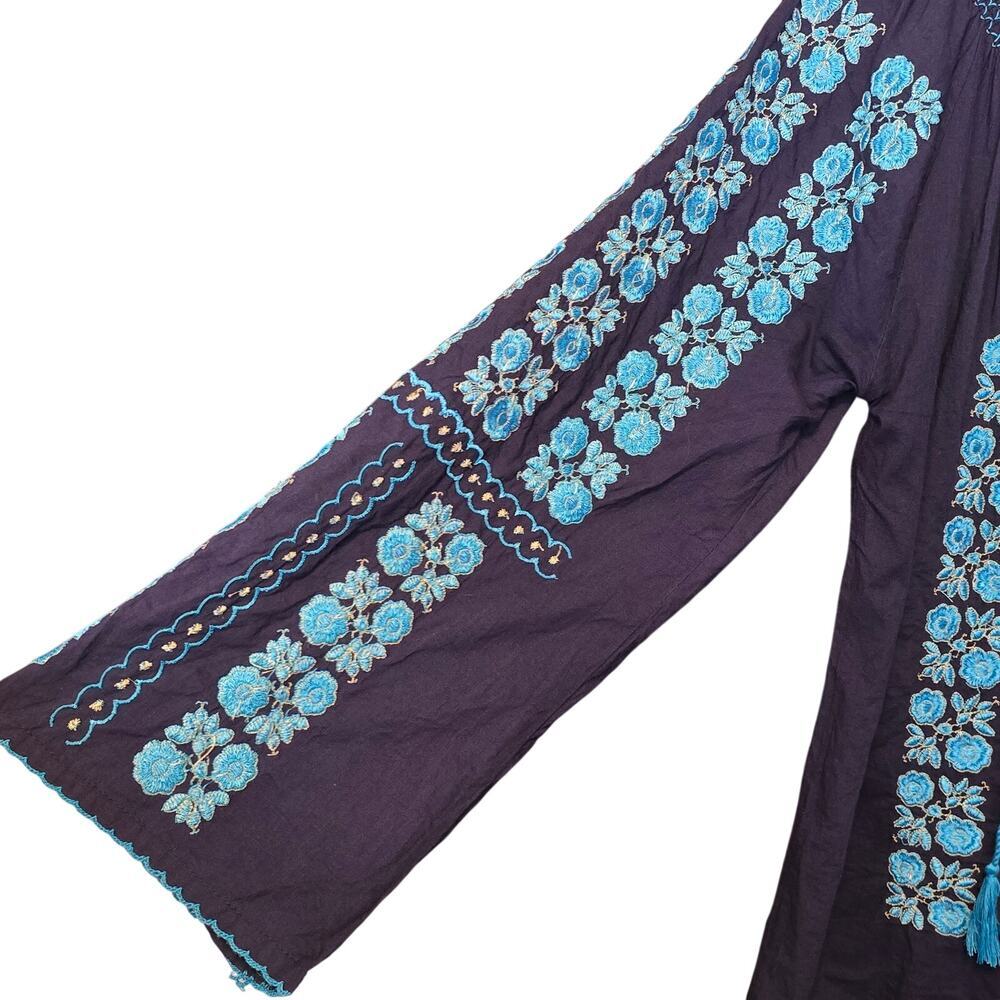 Boutique 17 Top Womens Size Large Blue Floral Embroidered Tassels Bohemian - Picture 7 of 10